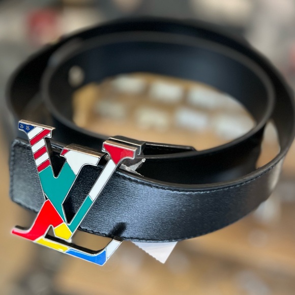 LOUIS VUITTON NEW BLACK LEATHER BELT WITH FLAG COLORFULL BUCKLE SIZE 100 - Picture 3 of 16